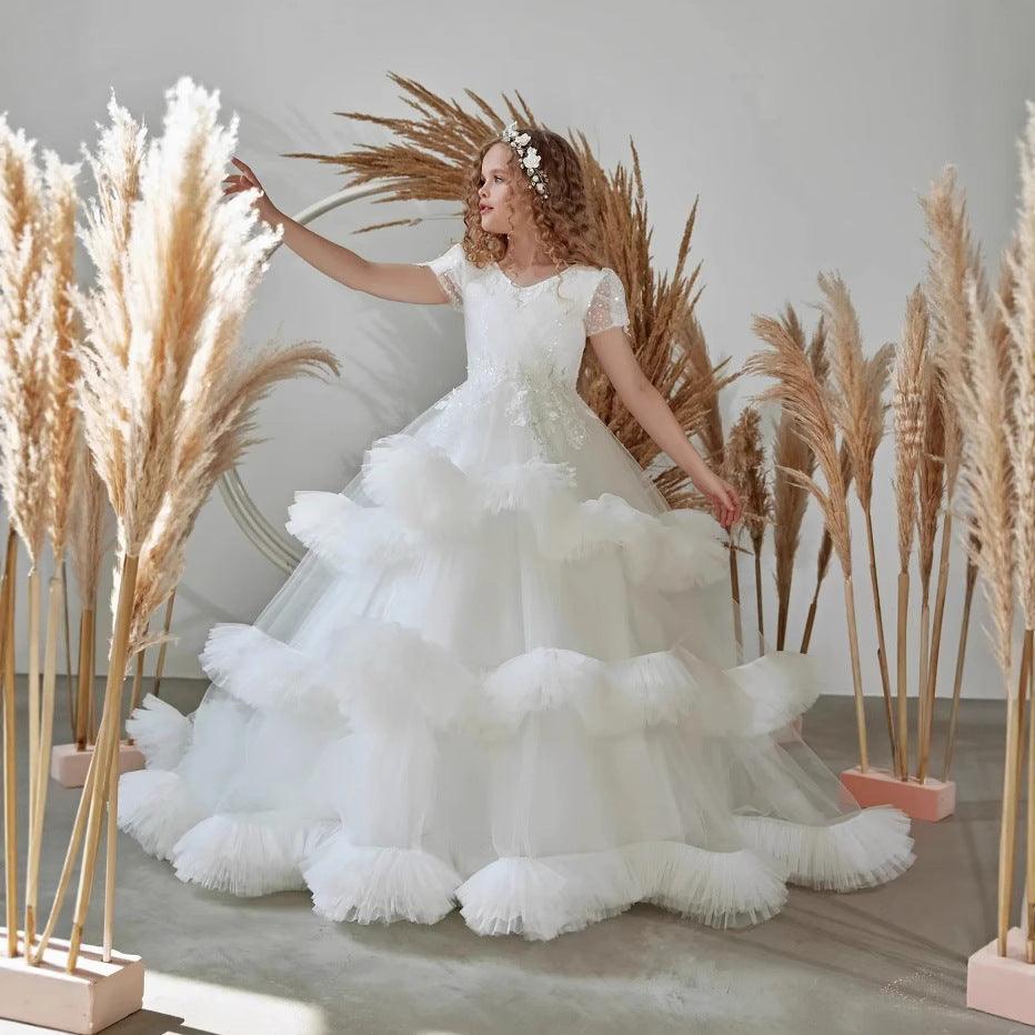 Floor Length A-Line V-Neck Short Sleeve Tulle Flower Girl Dresses 937502824085 - 10 Days / White / 2 - COCOMELODY